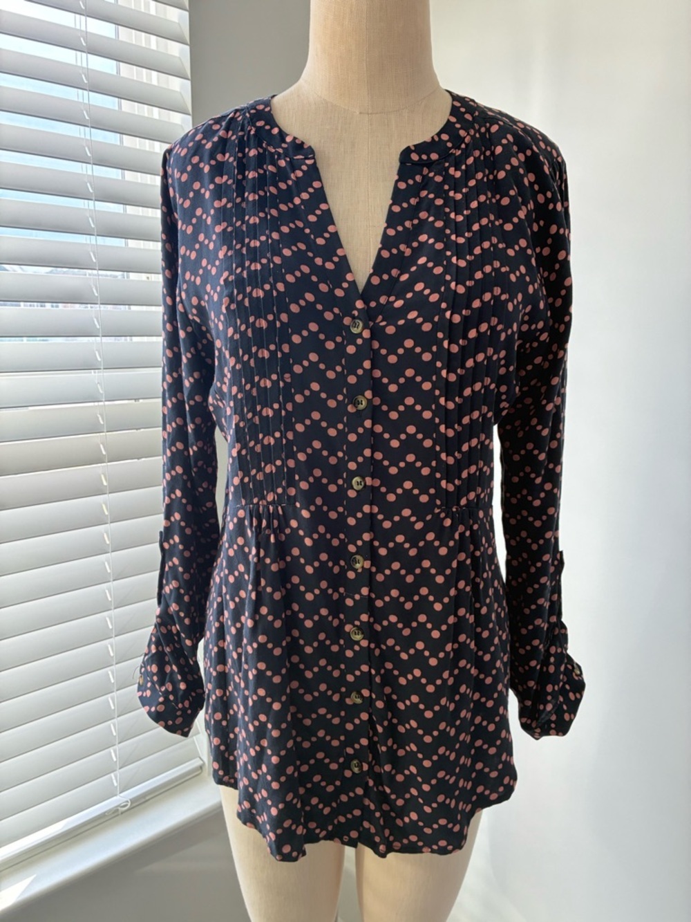 Maeve Anthropologie Navy and Pink Polka Dot Pleated Blouse
